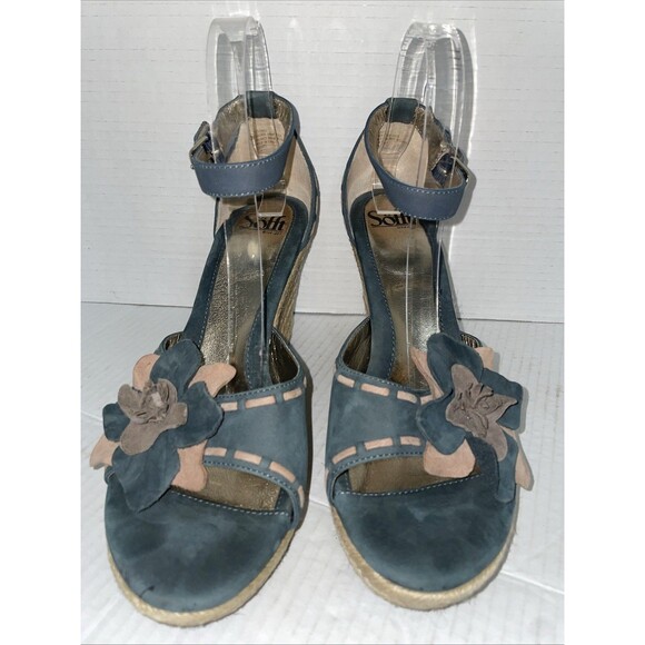 Sofft Sandals Women’s 10M Blue Espadrille Wedge Suede High Heel‎ Floral Shoes - Picture 3 of 13